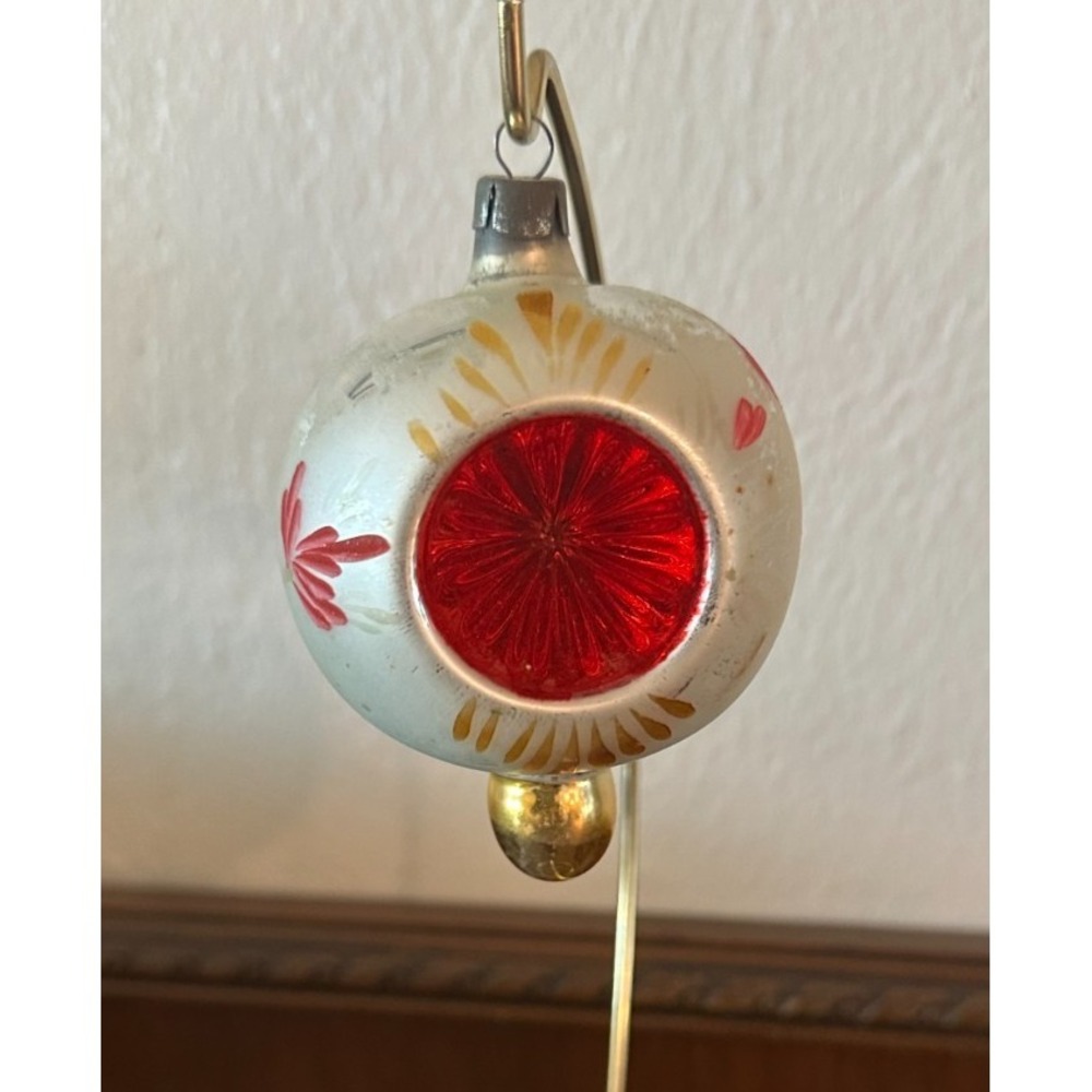 German Blown Mercury Glass Red Double Indents Drop Ball Xmas Ornament 3.5